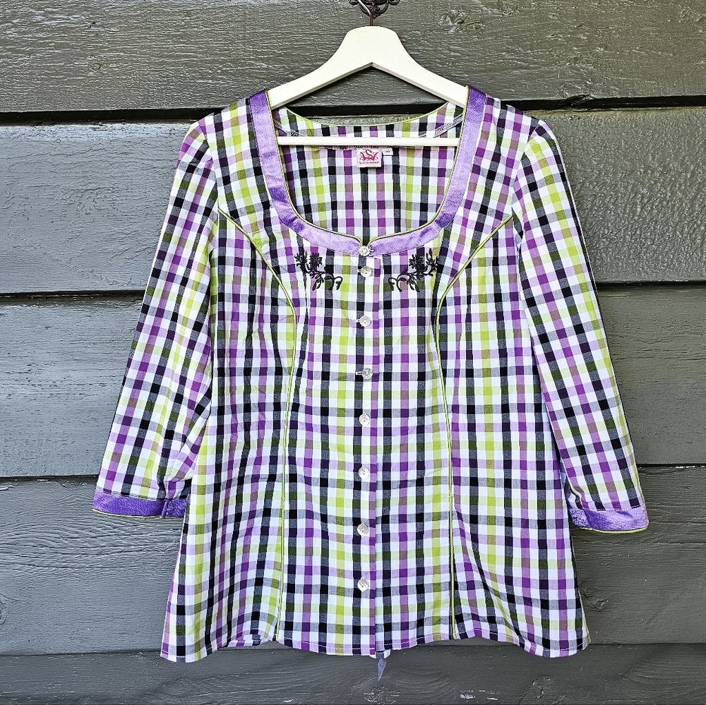 SPIETH & WENSKY Purple Plaid Traditional Bavarian Top sz 44 US 12 Women's